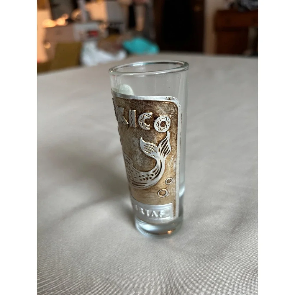 Vintage Mexico Bucerias Souvenir Shot Glass Pewter Style Metal Wrap Fish Barware